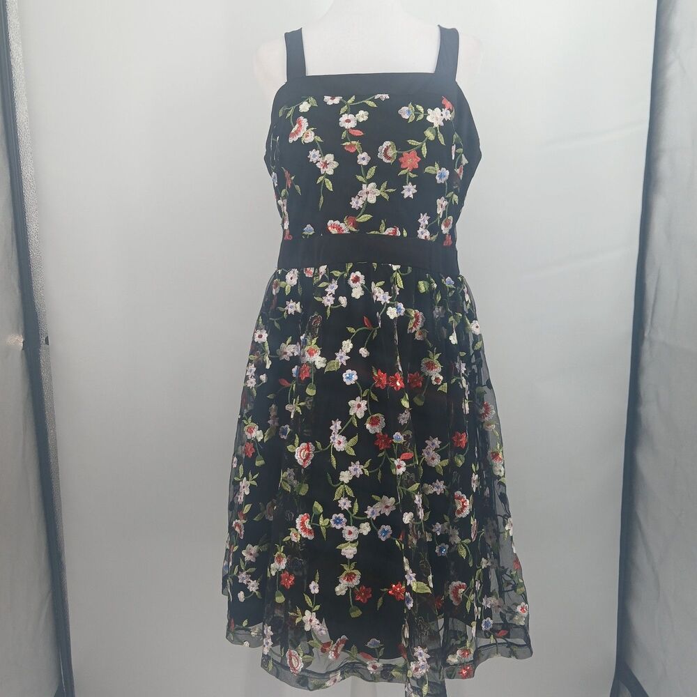 City Studio Floral Fit & Flare Dress Womens 13 Black Pink Cottagecore Spring
